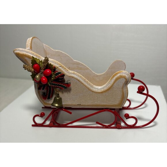 Wooden Sleigh W/ Glass Salt & Pepper Shakers Taiwan Christmas Farmhouse Vintage - Picture 5 of 10